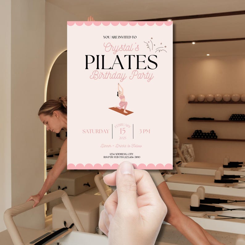 Digital and printable Birthday Pilates invitation template featuring a pink theme, yoga pose illustration, and heart accents. Editable in Canva for Birthday Party fitness events. Perfect for celebrating with friends and promoting wellness in style