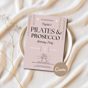 Celebrate in style with this Pilates and Prosecco birthday invitation! Perfect for fitness-themed parties, and for Pilates Princess this editable Canva template is printable and brings elegance and fun to your event, ideal for any wellness enthusiast