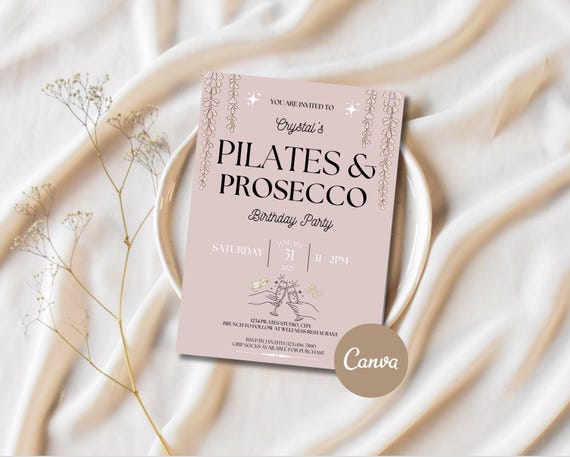 Pilates and Prosecco Birthday Invitation, Digital, Printable, Editable Wine & Workout Theme, Fun Fitness Girls Night Party Invite, Brunch