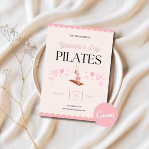 Modelo de convite de Pilates para o Dia dos Namorados, design Canva editável para eventos de fitness do Dia dos Namorados, cartão digital e para impressão