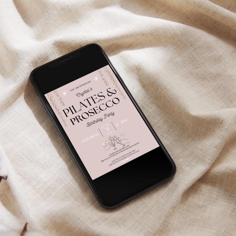 Celebrate in style with this Pilates and Prosecco birthday invitation! Perfect for fitness-themed parties, and for Pilates Princess this editable Canva template is printable and brings elegance and fun to your event, ideal for any wellness enthusiast