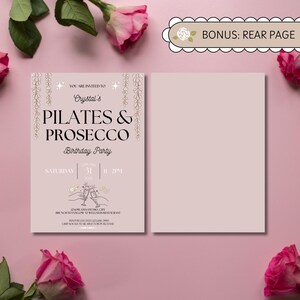 Celebrate in style with this Pilates and Prosecco birthday invitation! Perfect for fitness-themed parties, and for Pilates Princess this editable Canva template is printable and brings elegance and fun to your event, ideal for any wellness enthusiast