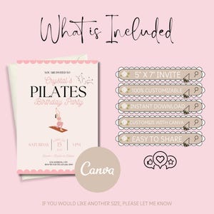 Digital and printable Birthday Pilates invitation template featuring a pink theme, yoga pose illustration, and heart accents. Editable in Canva for Birthday Party fitness events. Perfect for celebrating with friends and promoting wellness in style