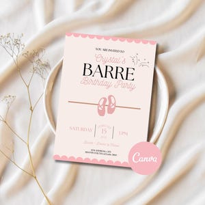 Plantilla de invitación de cumpleaños de barra, invitación a fiesta de cumpleaños de ballet, tarjeta de cumpleaños rosa de fitness y bienestar, descarga digital editable de Canva