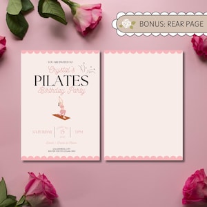 Digital and printable Birthday Pilates invitation template featuring a pink theme, yoga pose illustration, and heart accents. Editable in Canva for Birthday Party fitness events. Perfect for celebrating with friends and promoting wellness in style