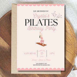 Digital and printable Birthday Pilates invitation template featuring a pink theme, yoga pose illustration, and heart accents. Editable in Canva for Birthday Party fitness events. Perfect for celebrating with friends and promoting wellness in style