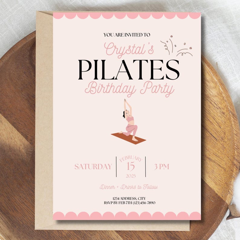 Digital and printable Birthday Pilates invitation template featuring a pink theme, yoga pose illustration, and heart accents. Editable in Canva for Birthday Party fitness events. Perfect for celebrating with friends and promoting wellness in style