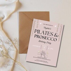 Celebrate in style with this Pilates and Prosecco birthday invitation! Perfect for fitness-themed parties, and for Pilates Princess this editable Canva template is printable and brings elegance and fun to your event, ideal for any wellness enthusiast