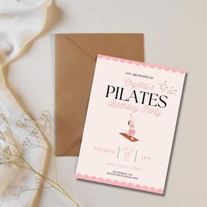 Digital and printable Birthday Pilates invitation template featuring a pink theme, yoga pose illustration, and heart accents. Editable in Canva for Birthday Party fitness events. Perfect for celebrating with friends and promoting wellness in style
