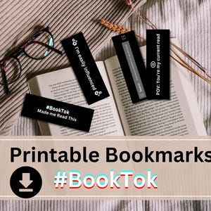 Puede incluir: Marcadores imprimibles con texto en blanco y negro sobre fondo blanco. Los marcadores presentan frases como "#BookTok Made me Read This", "I'm easily influenced" y "POV: You're my current read".