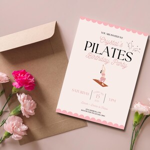 Digital and printable Birthday Pilates invitation template featuring a pink theme, yoga pose illustration, and heart accents. Editable in Canva for Birthday Party fitness events. Perfect for celebrating with friends and promoting wellness in style