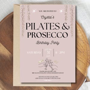 Celebrate in style with this Pilates and Prosecco birthday invitation! Perfect for fitness-themed parties, and for Pilates Princess this editable Canva template is printable and brings elegance and fun to your event, ideal for any wellness enthusiast