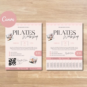 Pilates-flyersjabloon, bewerkbare canva-workshoples, digitale fitness- en wellness-evenementuitnodiging, afdrukbare studio-retraitemarketing