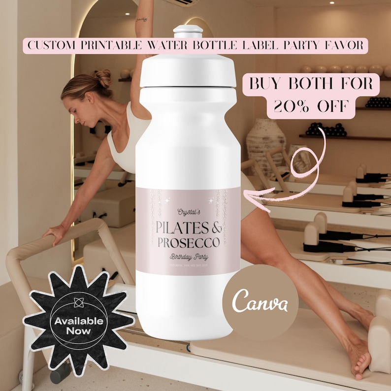 Celebrate in style with this Pilates and Prosecco birthday invitation! Perfect for fitness-themed parties, and for Pilates Princess this editable Canva template is printable and brings elegance and fun to your event, ideal for any wellness enthusiast