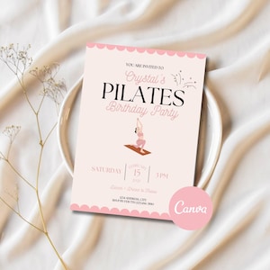 Modello di invito di compleanno Pilates, design modificabile Canva per eventi di fitness per feste di compleanno, biglietto digitale e stampabile per la celebrazione