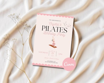 Pilates Birthday Party Invitation Template, Editable Canva Design (Digital and Printable Card)