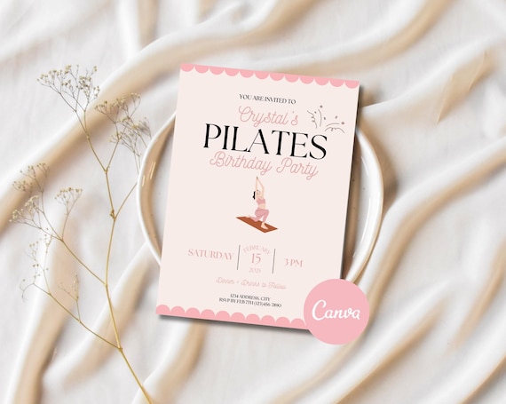 Birthday Pilates Invitation Template, Editable Canva Design for Birthday Party Fitness Event, Digital and Printable Card for Celebration