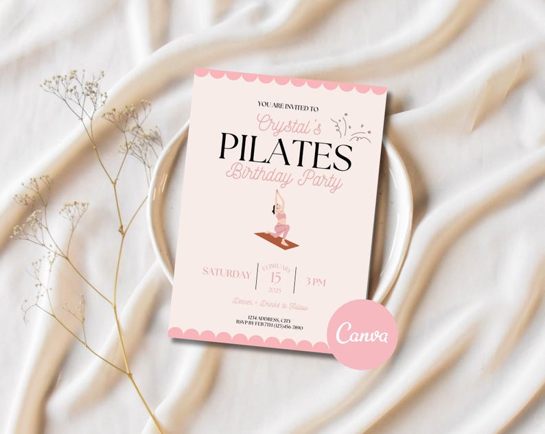 Digital and printable Birthday Pilates invitation template featuring a pink theme, yoga pose illustration, and heart accents. Editable in Canva for Birthday Party fitness events. Perfect for celebrating with friends and promoting wellness in style