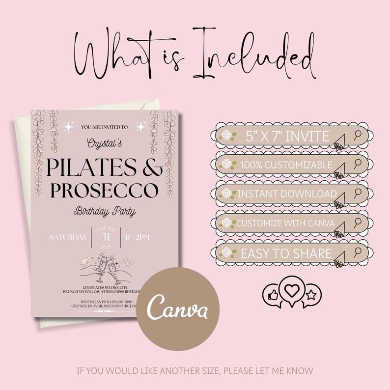 Celebrate in style with this Pilates and Prosecco birthday invitation! Perfect for fitness-themed parties, and for Pilates Princess this editable Canva template is printable and brings elegance and fun to your event, ideal for any wellness enthusiast