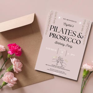 Celebrate in style with this Pilates and Prosecco birthday invitation! Perfect for fitness-themed parties, and for Pilates Princess this editable Canva template is printable and brings elegance and fun to your event, ideal for any wellness enthusiast