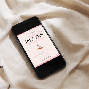 Digital and printable Birthday Pilates invitation template featuring a pink theme, yoga pose illustration, and heart accents. Editable in Canva for Birthday Party fitness events. Perfect for celebrating with friends and promoting wellness in style