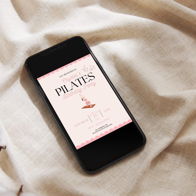 Digital and printable Birthday Pilates invitation template featuring a pink theme, yoga pose illustration, and heart accents. Editable in Canva for Birthday Party fitness events. Perfect for celebrating with friends and promoting wellness in style
