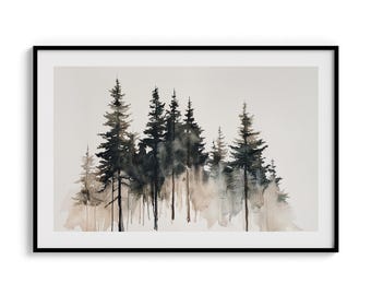 Misty Pine Tree Watercolor Art Print: Minimalist Woodland Scene