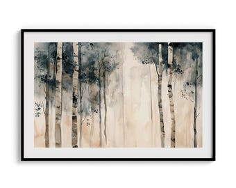 Watercolor Birch Tree Print: Misty Forest Art, Earthy Decor