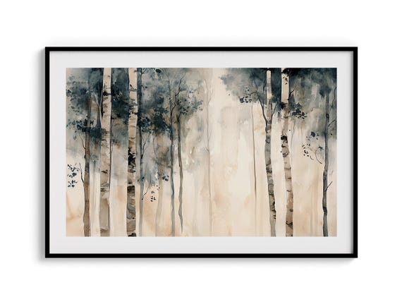 Watercolor Birch Tree Print: Misty Forest Art, Earthy Decor