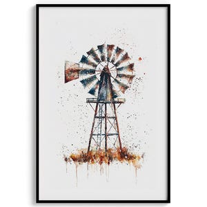 Rustic Windmill Watercolor Art - Farmhouse Wall Decor - Vintage Countryside Print for Modern Rustic Home Aesthetics and more!!