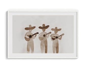 May include: A framed watercolour print featuring three figures in brown sombreros playing guitars. The minimalist artwork uses neutral tones against a white background. The print is encased in a white wooden frame.