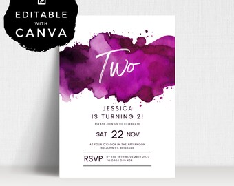 2nd Birthday Purple & White Birthday Invitation | TWO | Editable | Birthday Party Printable | Digital Download Invite Template | ALW27