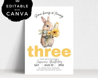 3RD Birthday Bunny Rabbit Invitation | THREE | Editable | Birthday Party Printable | Digital Download Invite Template | ALW102