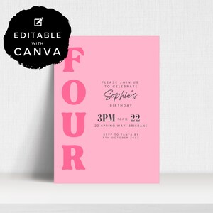 Invitación a fiesta de tipografía rosa de 4º cumpleaños / CUATRO / Fiesta de cumpleaños imprimible / Descarga instantánea Plantilla editable 5x7 / ALW11