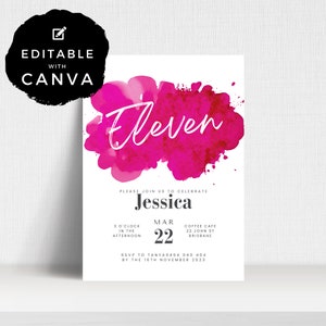Pink Splash 11th Birthday Invitation | ELEVEN | Editable | Birthday Party Printable | Digital Download Invite Template | ALW29