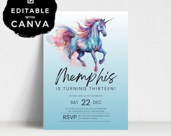 Invitation de licorne du 13e anniversaire | TREIZE | Modifiable | Fête d'anniversaire imprimable | Modèle d'invitation en téléchargement numérique | ALW113