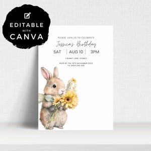 Bunny Rabbit Birthday Invitation | Editable Invite | Birthday Party Printable | Digital Download Invite Template | ALW105