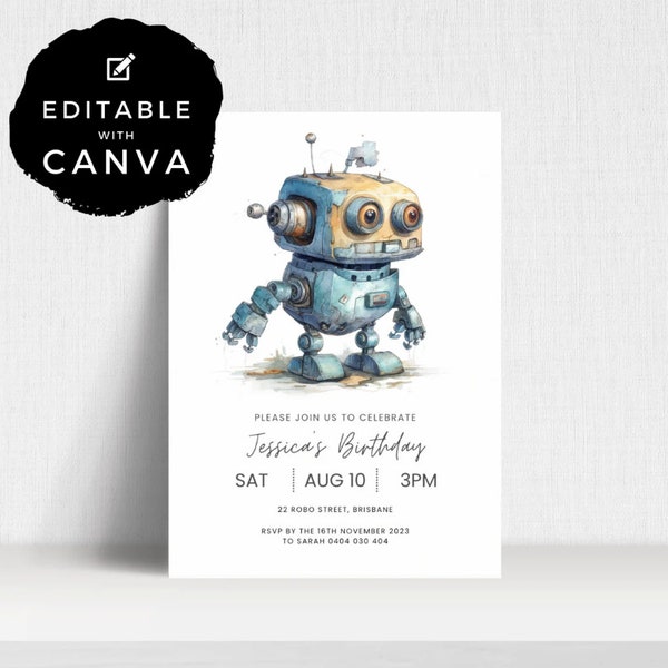 Cute Robot Invitation | Editable Invite | Birthday Party Printable | Digital Download Invite Template | ALW85