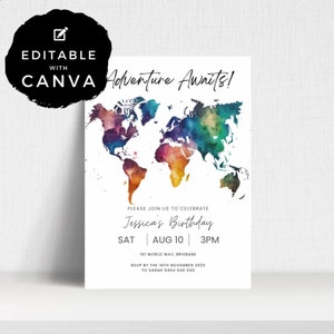 Avontuur wacht op wereldkaart feestuitnodiging | Bewerkbare uitnodiging | Verjaardagsfeestje afdrukbaar | Digitale download uitnodigingssjabloon | ALW88
