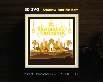 Ramadan Mubarak Shadow Box, 3D Paper Cut Template (svg, pdf, eps, dxf)