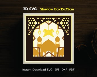 Quran Shadow Box Template 15x15cm, Ramadan Mubarak, Eid Mubarak (svg, pdf, eps, dxf)