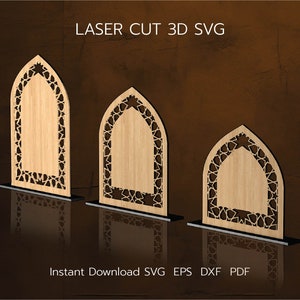 Puede incluir: Tres arcos de madera cortados con láser con intrincados diseños geométricos. Los arcos son de diferentes tamaños y están dispuestos en una fila del más grande al más pequeño. El texto "LASER CUT 3D SVG" está en la parte superior de la imagen. El texto "Descarga instantánea SVG EPS DXF PDF" está en la parte inferior de la imagen.