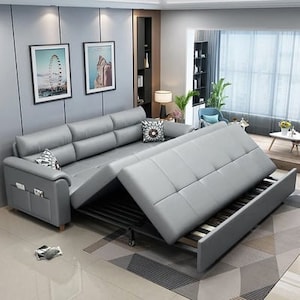 83 Gray Full Sleeper Sofa Linen Convertible Sofa Bed with Storage & Side  Pockets