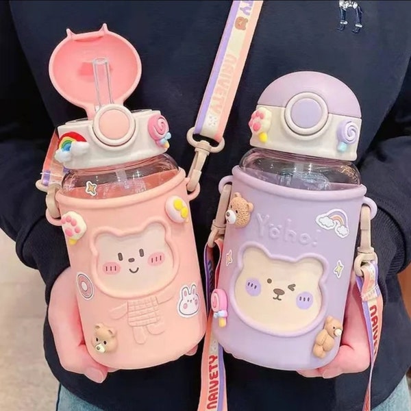 700ml Cute kids teens school water bottle / bear stickers charms customize beautiful big shoulder strap easy to carry bag straw / tea coffee