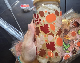 Fall Pumpkin Spice Cup | 16oz Glass Cup with Bamboo Lid & Straw | Autumn Leaves Tumbler | Cozy Gift for Her