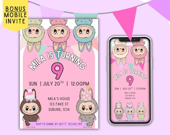 Invito di compleanno modificabile per Labubu, invito per festa di compleanno per bambini con Labubu rosa, Labubu carino, ragazzo Labubu, ragazza Labubu, modello Canva, download immediato