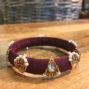 Rani Bangle | Indian Embroidered Raw Silk Boho Wooden Ethnic Jewelry Bracelets Beaded Vintage Stackable Hippie