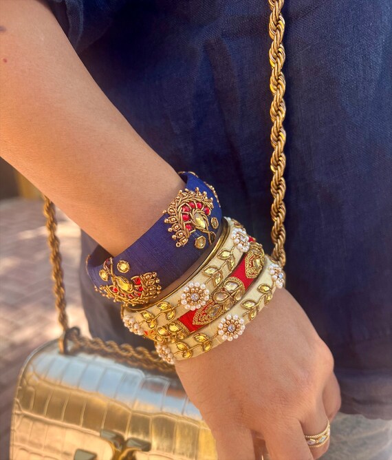 Rajputana Bangle Indian Embroidered Raw Silk Boho Wooden Ethnic Jewelry Bracelets Beaded Vintage Stackable Hippie Etsy UK