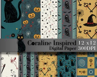 Op Coraline geïnspireerd digitaal afdrukbaar ambachtelijk papier | 12 x 12 plakboekpapier | 300 dpi direct downloaden