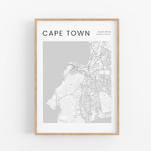Pôster da Cidade do Cabo, pôster de mapa, preto e branco, pôster de viagem, impressão de mapa da África do Sul, arte de parede com mapa, mapa para impressão, arte minimalista